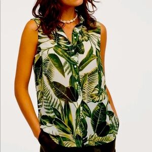 H&M Palm print sleeveless sheer button up top